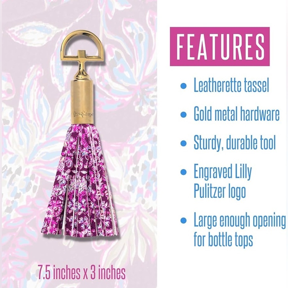 NWT ✨ Lilly Pulitzer Gold & Pink Floral Tassel Bottle Opener Keyring - Picture 2 of 4